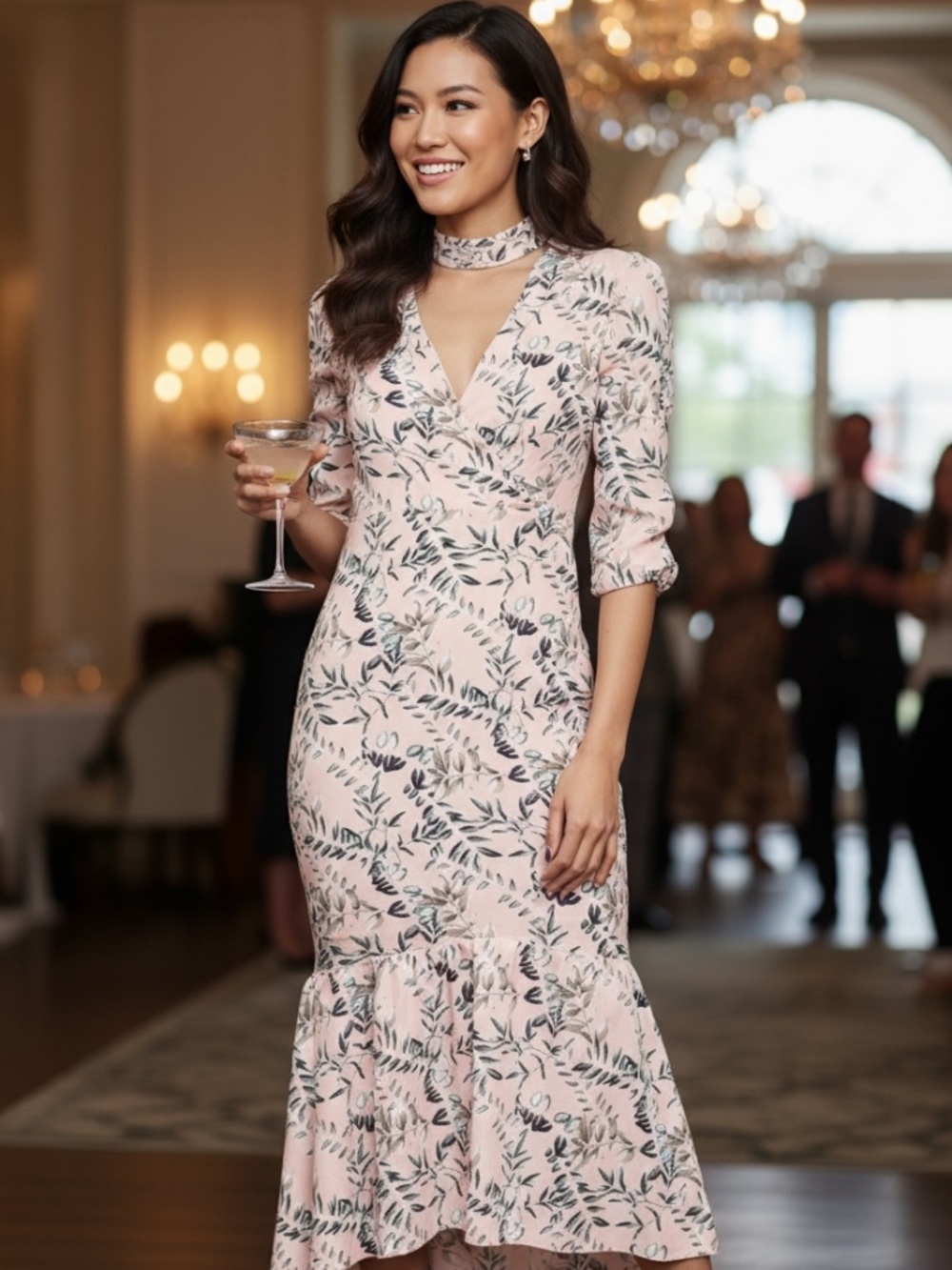 NWT Women's 3/4 Sleeve Wrap Top Floral Midi Trumpet Hem Dress